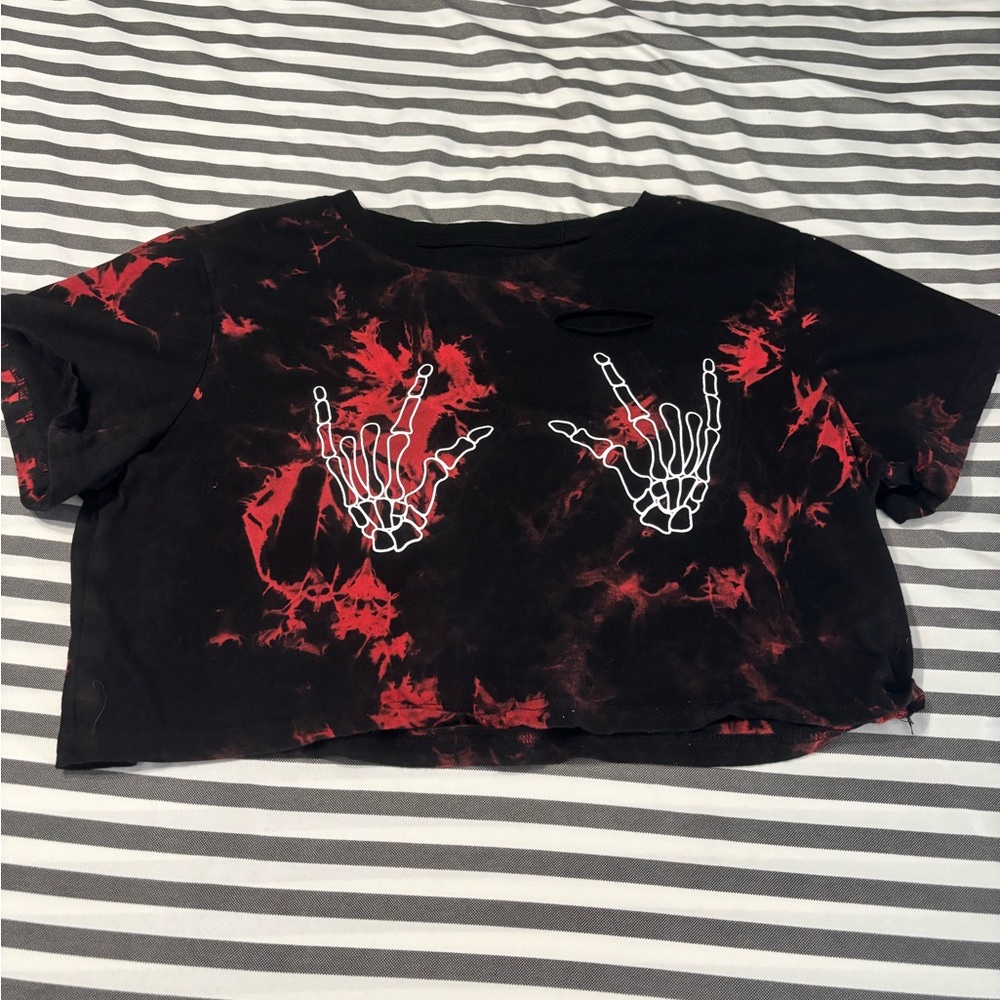 Black and Red Tie-Dye Skeleton Crop Top